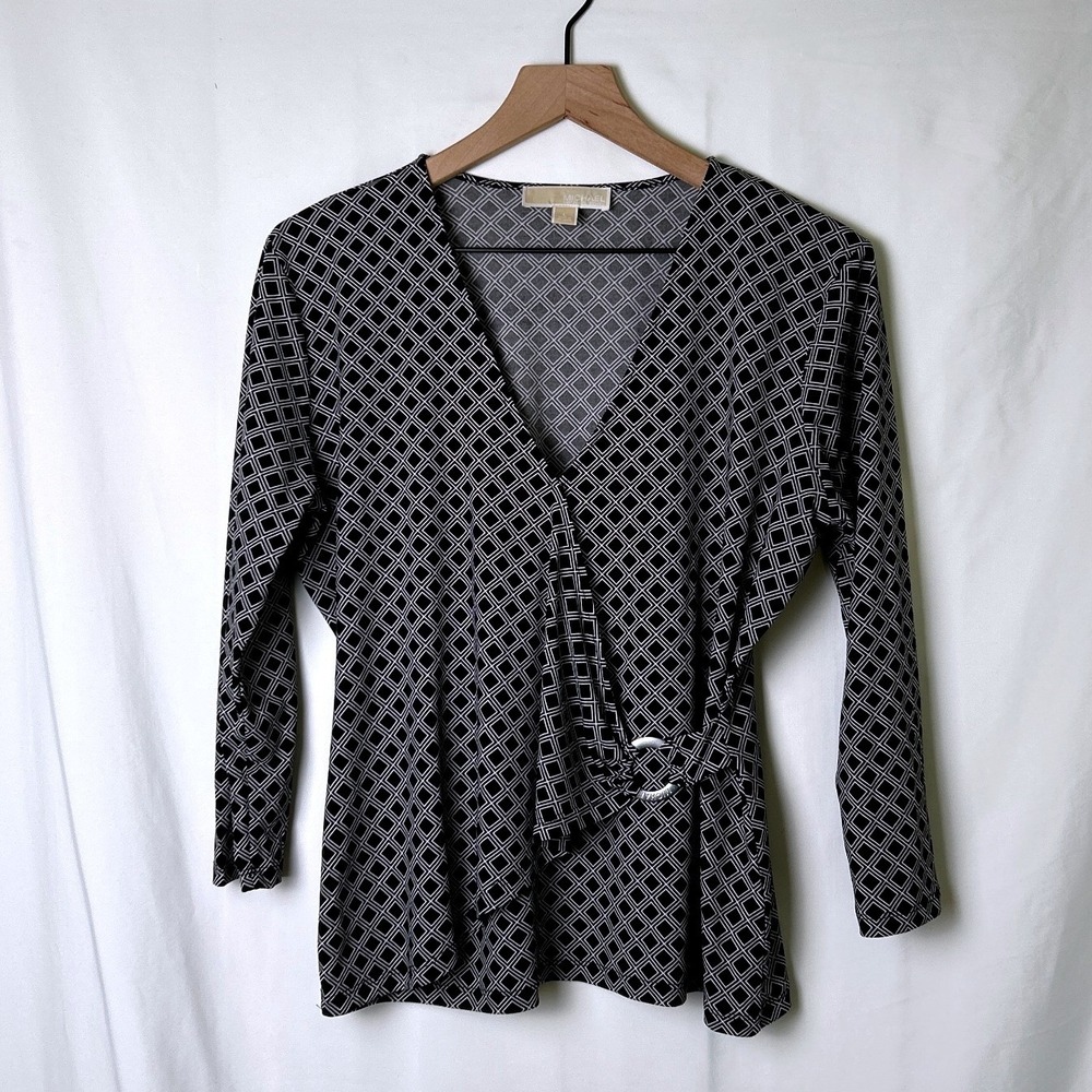 Michael Michael Kors Womens Geometric 3/4 Sleeve Wrap Top L Black White Office